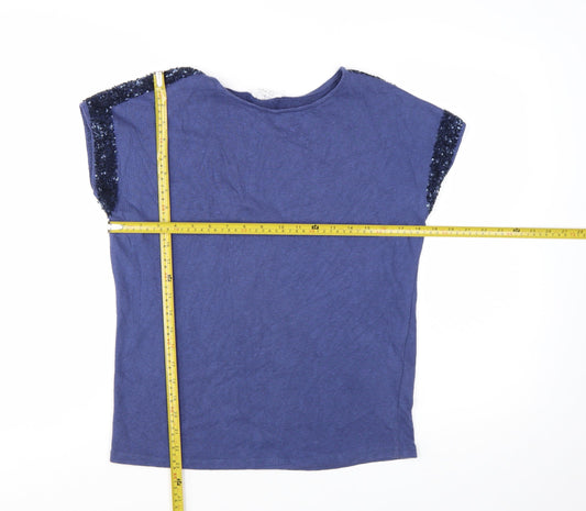 Nine by Savannah Miller Women's Blue Sequin Shoulder Cotton T-Shirt Size 8