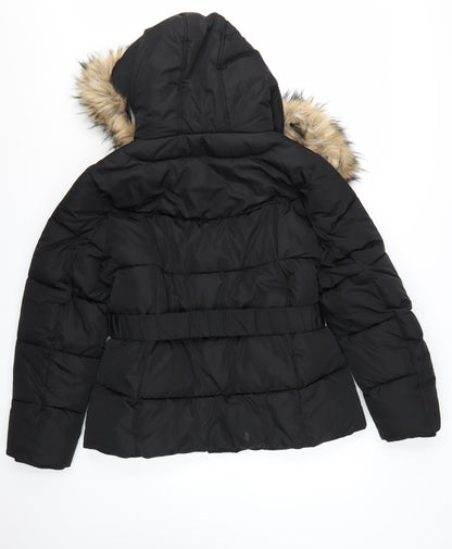Nutmeg Women's Black Faux Fur Hooded Belted Puffer Jacket Size 16