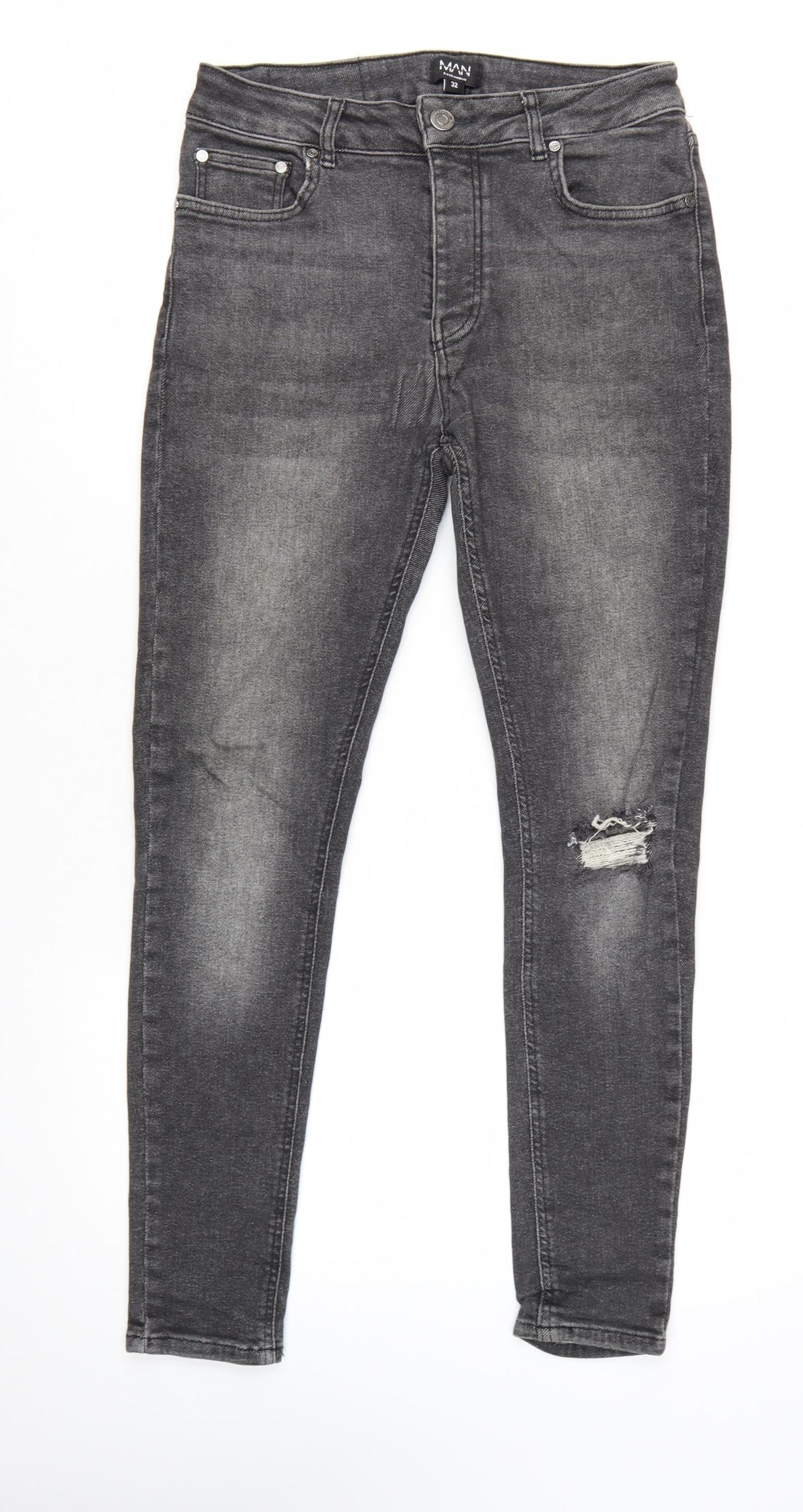 boohooMAN Men's Grey Skinny Jeans Size 32 Distressed Denim