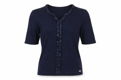 TIGI Women Blue Ruffle Trim Cotton Short Sleeve T-Shirt Size 10/12
