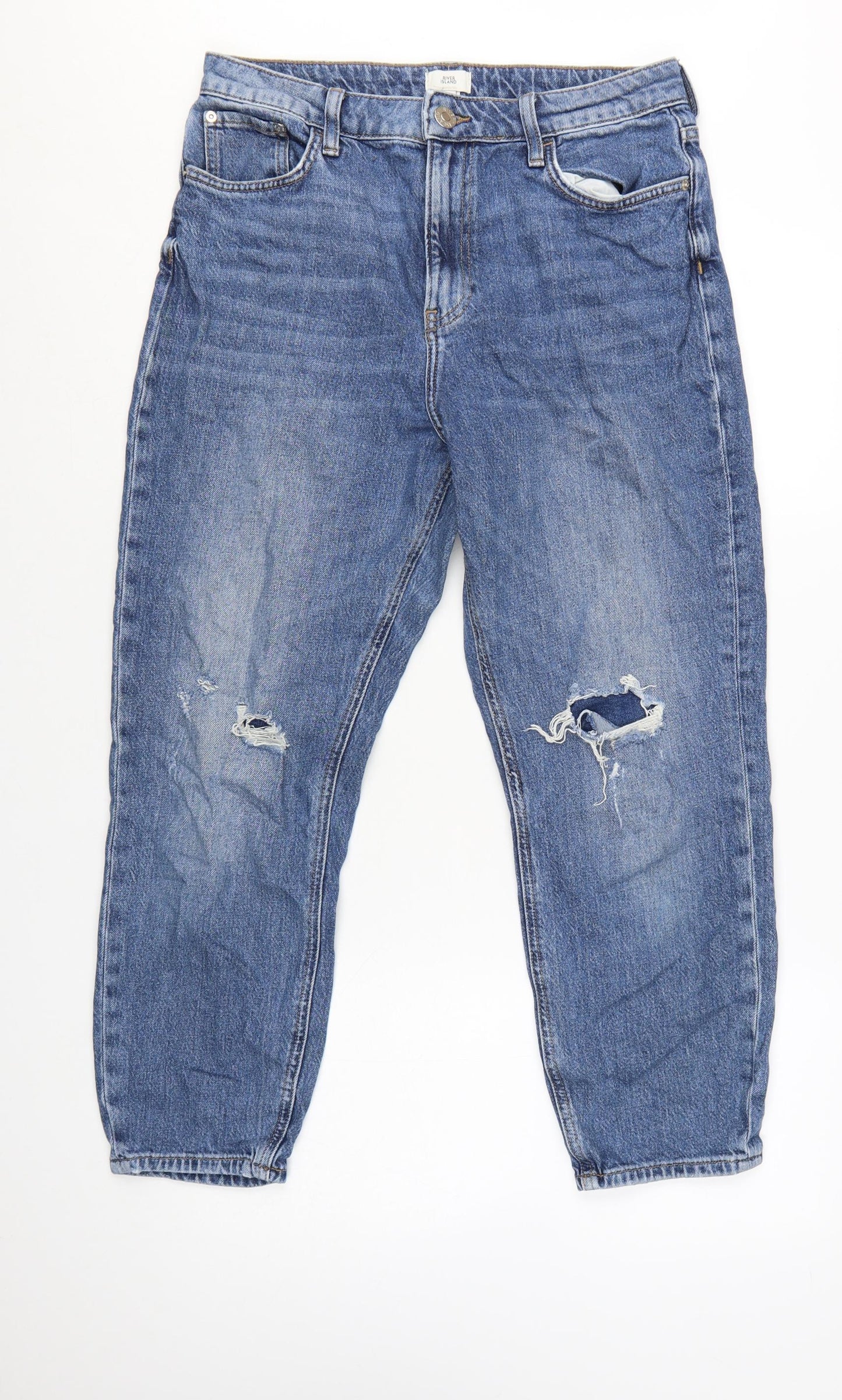 River Island Women's Blue Distressed Boyfriend Jeans Size 14 Relaxed Fit