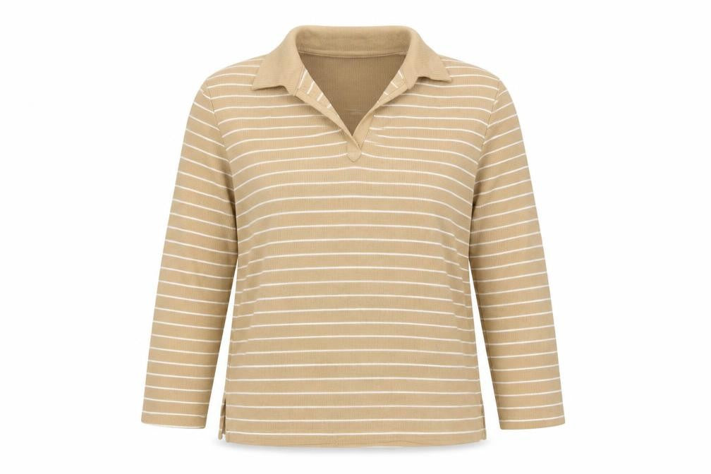 Carolyn Taylor Women Beige Striped Collared Long Sleeve Cotton Blend Top M