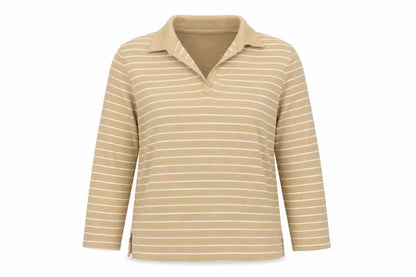 Carolyn Taylor Women Beige Striped Collared Long Sleeve Cotton Blend Top M