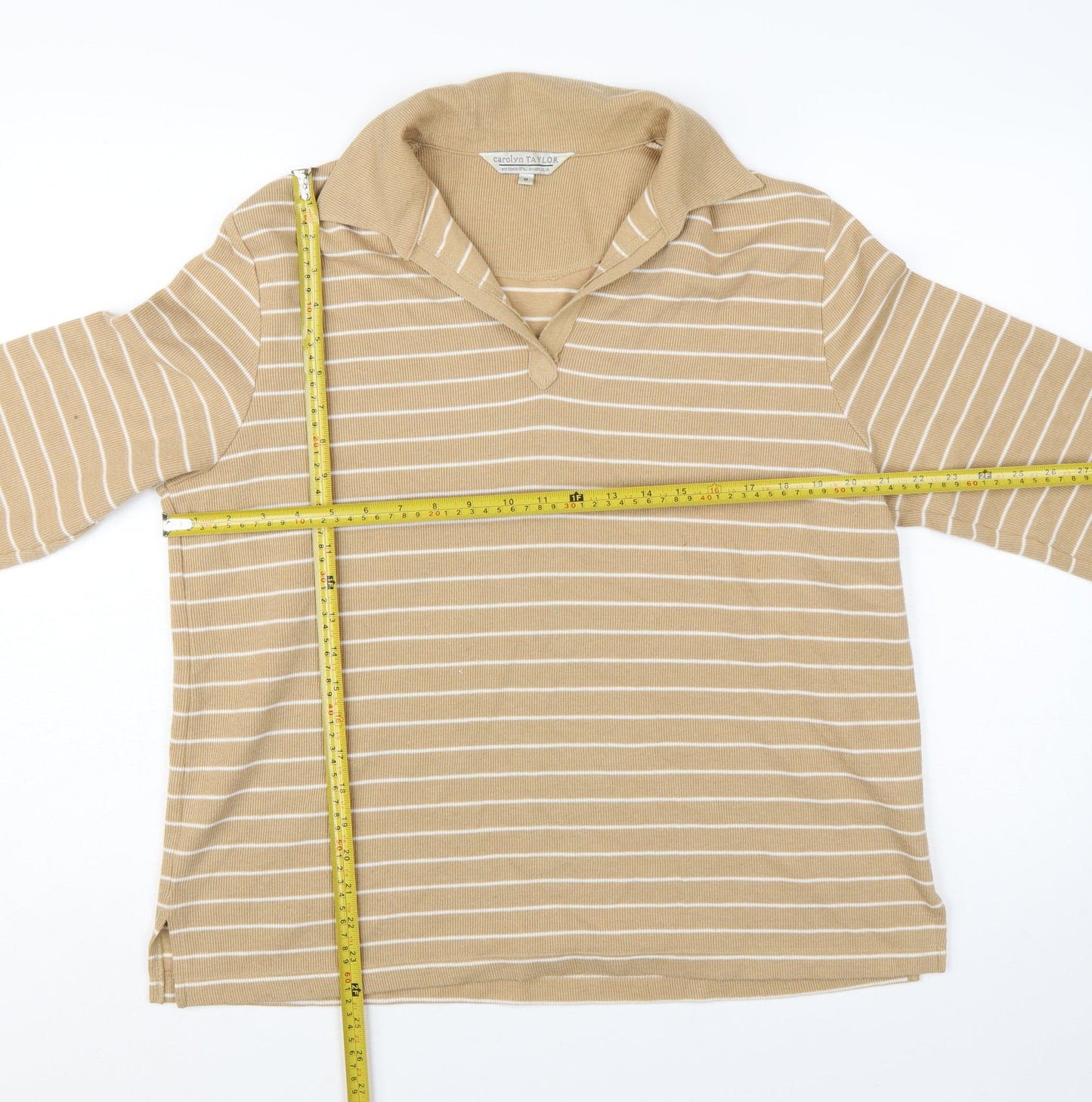 Carolyn Taylor Women Beige Striped Collared Long Sleeve Cotton Blend Top M