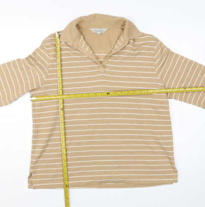 Carolyn Taylor Women Beige Striped Collared Long Sleeve Cotton Blend Top M