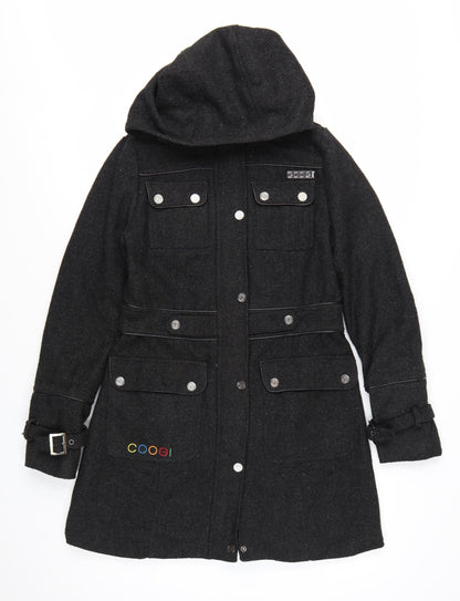 Coogi Women's Black Wool Military Hooded Long Coat Size M