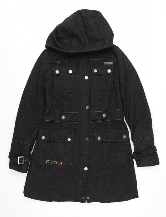 Coogi Women's Black Wool Military Hooded Long Coat Size M