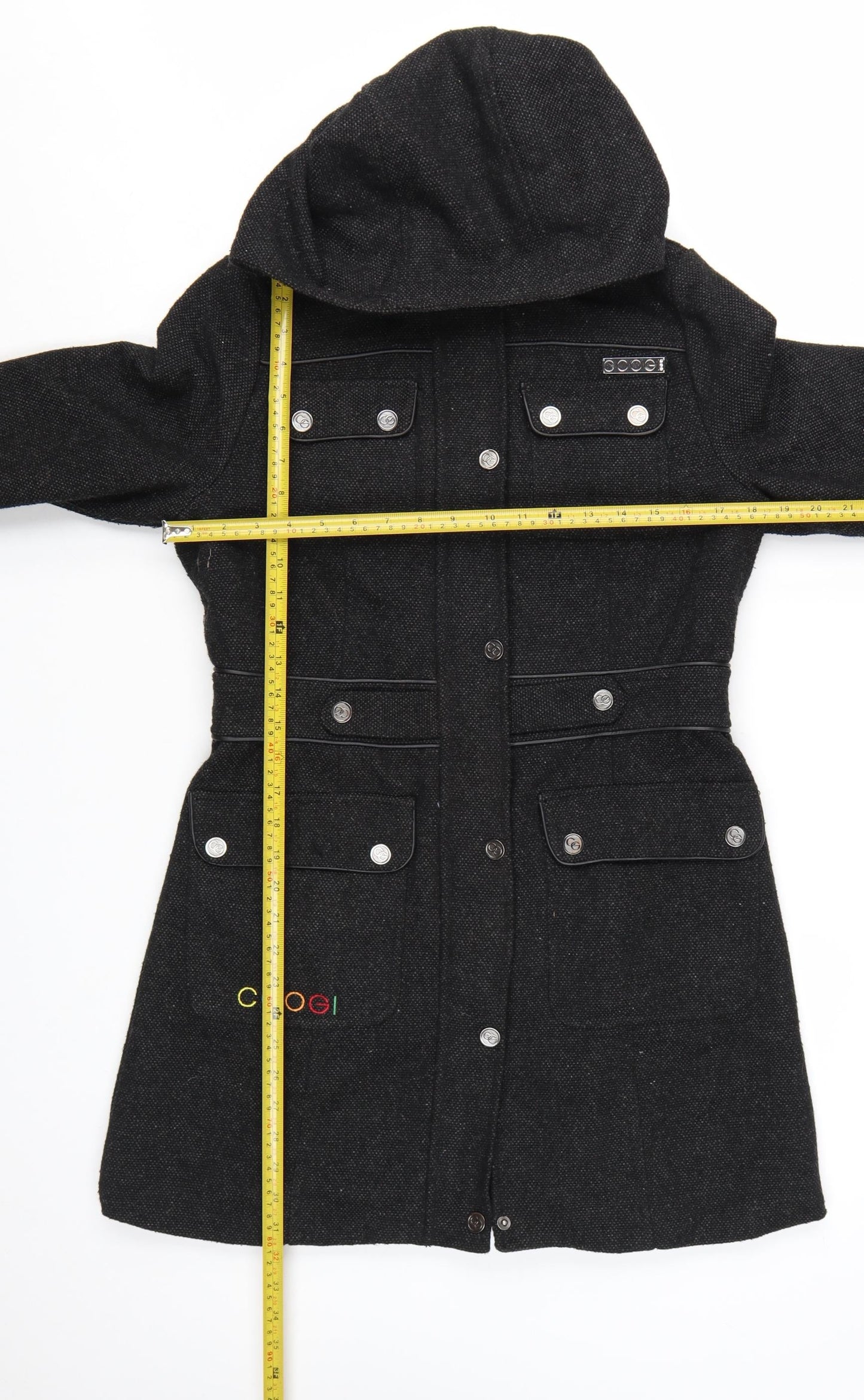 Coogi Women's Black Wool Military Hooded Long Coat Size M