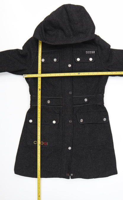 Coogi Women's Black Wool Military Hooded Long Coat Size M