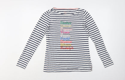 Boden Women's White Navy Striped Long Sleeve Christmas T-Shirt UK 10