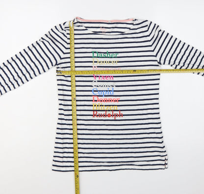 Boden Women's White Navy Striped Long Sleeve Christmas T-Shirt UK 10