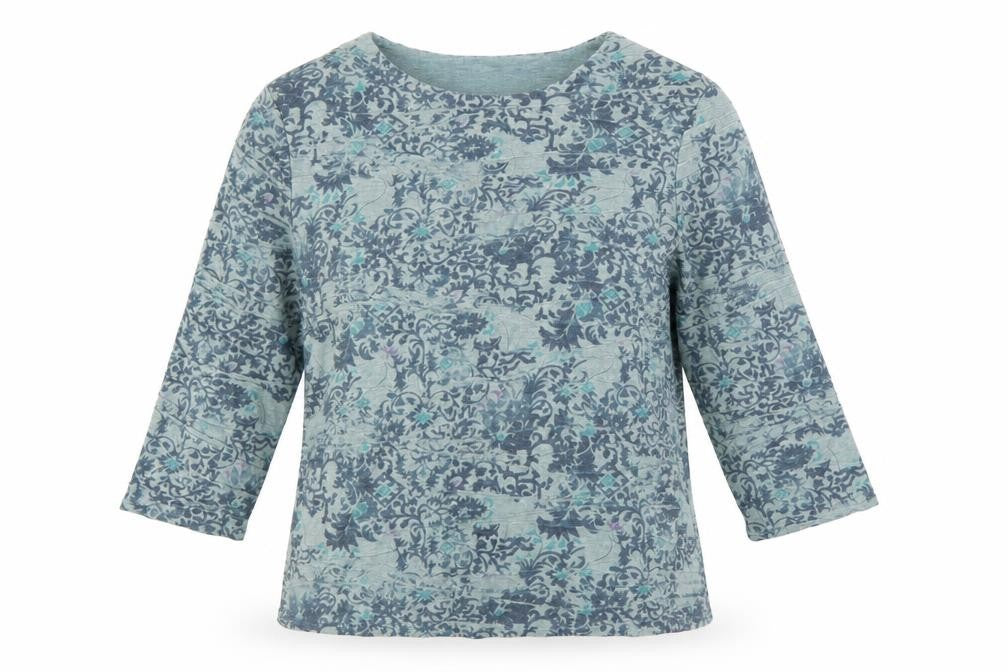 Front view of Honor Millburn women’s blue floral 3/4 sleeve cotton blend t-shirt, size UK 12