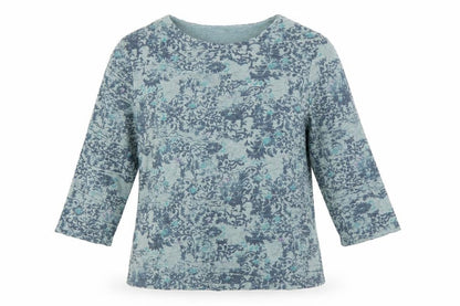 Front view of Honor Millburn women’s blue floral 3/4 sleeve cotton blend t-shirt, size UK 12