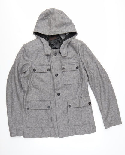 Reiss Men's Grey Wool Hooded Overcoat L 42in Lined Button Casual