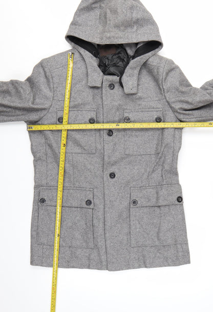 Reiss Men's Grey Wool Hooded Overcoat L 42in Lined Button Casual