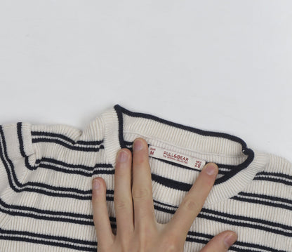 Pull & Bear Womens Ivory Black Striped Crew Neck Knit Jumper Size M
