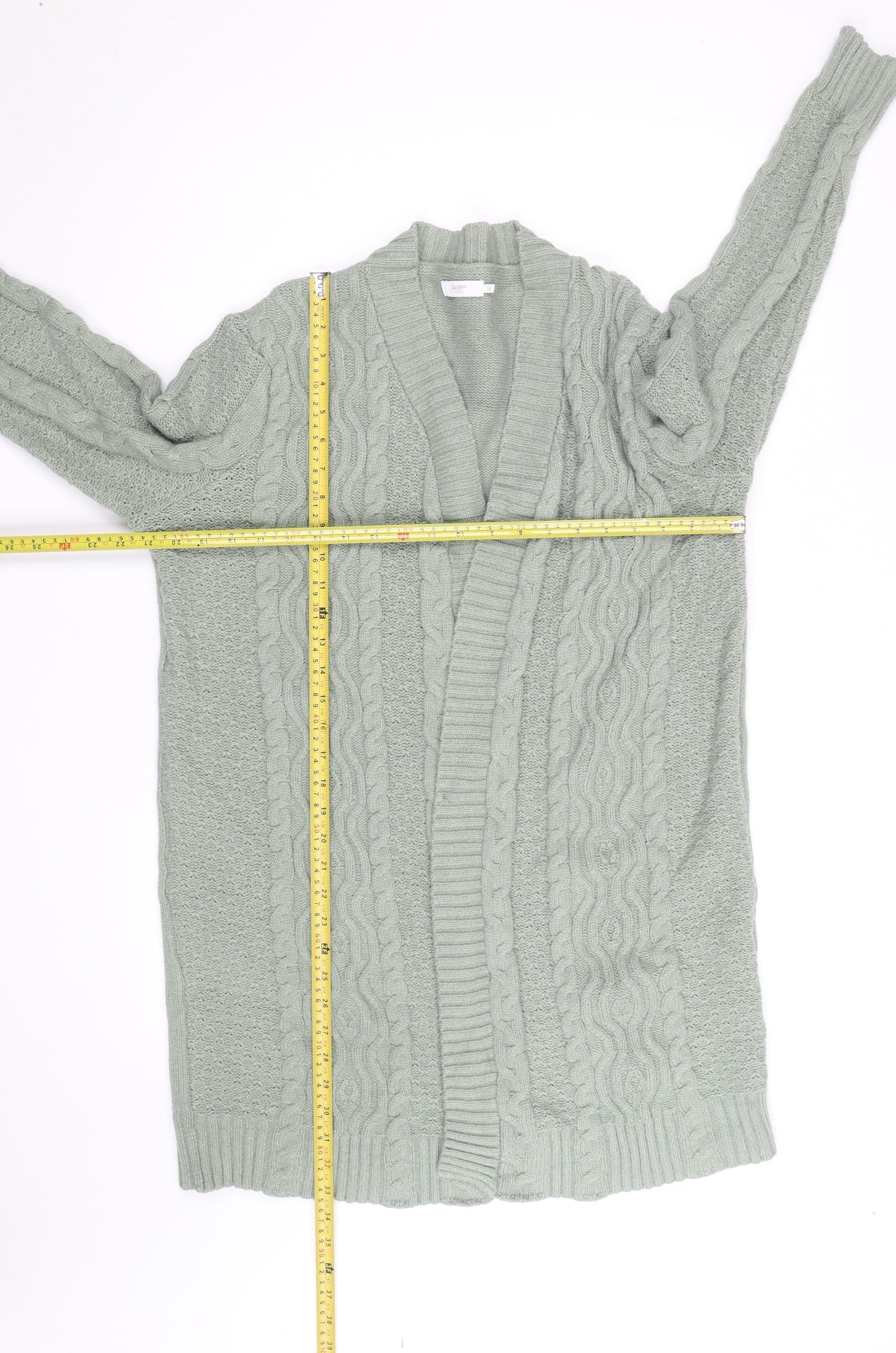 Cotton Traders Women Sage Green Cable-Knit Long Cardigan Size 16
