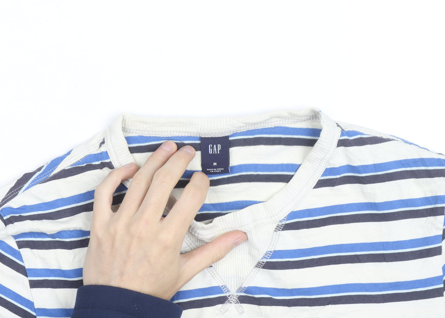 GAP Men's Blue Striped V-Neck Short Sleeve Cotton T-Shirt Size M