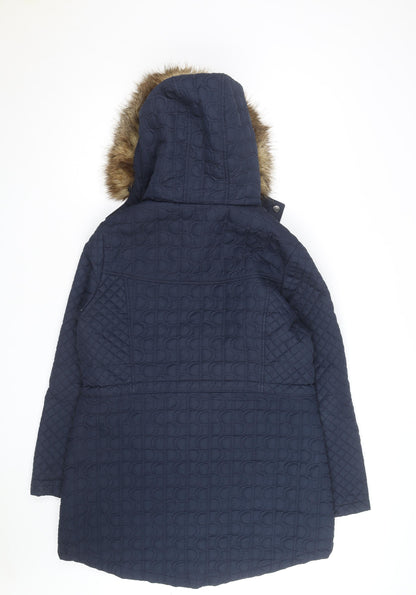 Tu Women's Blue Quilted Faux Fur Hooded Parka Coat Size 16