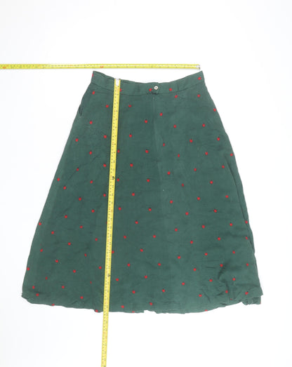 Louche Women’s Green Cotton Midi A-Line Skirt Size 12 Embroidered Ladybird