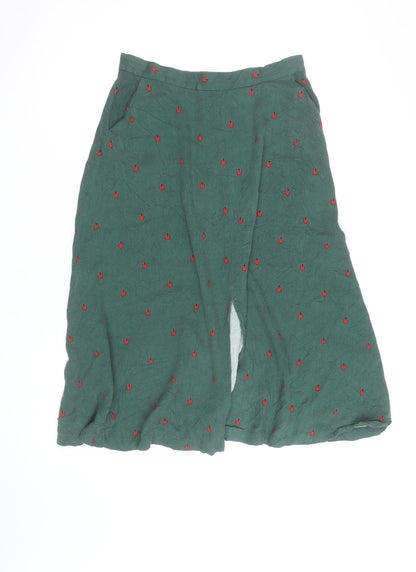 Louche Women’s Green Cotton Midi A-Line Skirt Size 12 Embroidered Ladybird