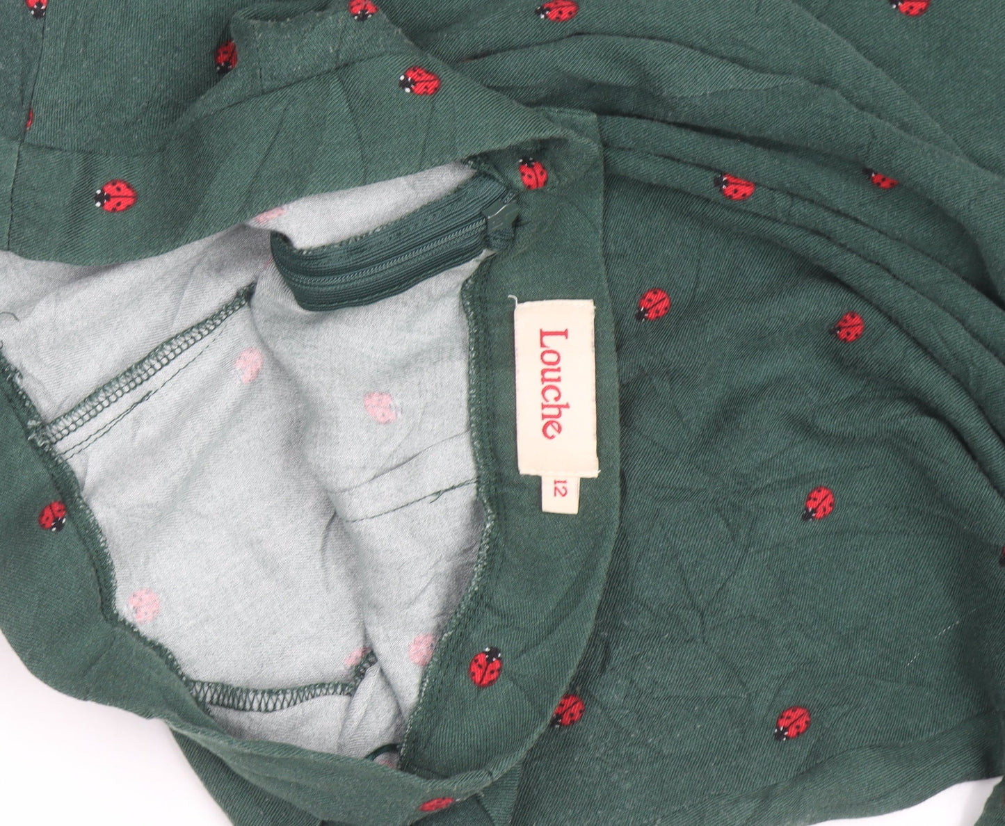 Louche Women’s Green Cotton Midi A-Line Skirt Size 12 Embroidered Ladybird