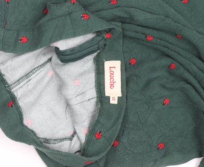 Louche Women’s Green Cotton Midi A-Line Skirt Size 12 Embroidered Ladybird