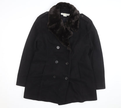 Larry Levine Women's Black Wool Blend Pea Coat Size 8 Fur Trim