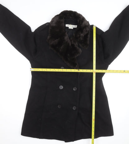 Larry Levine Women's Black Wool Blend Pea Coat Size 8 Fur Trim