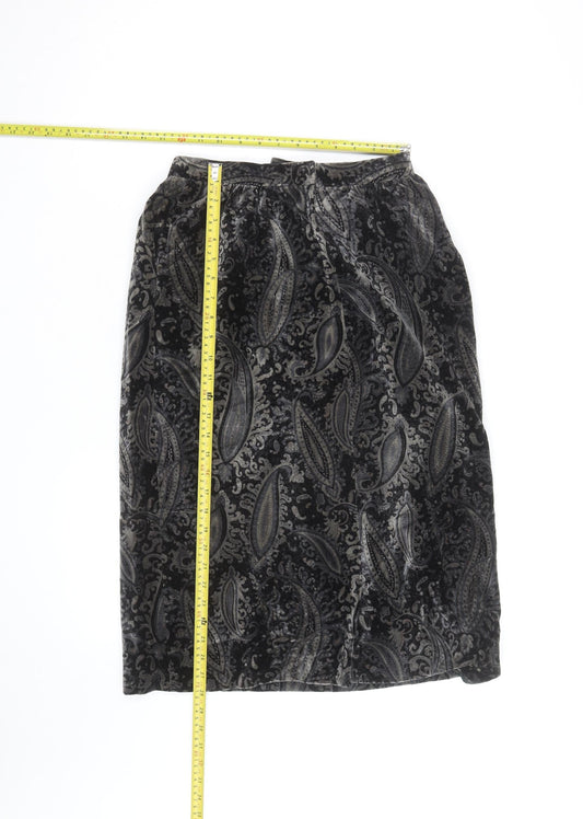 Elegance High Fashion Women's Black Velvet Paisley Midi Skirt M