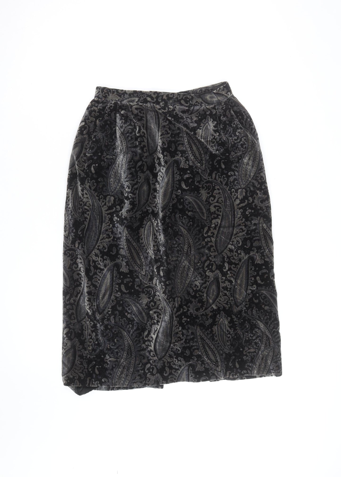 Elegance High Fashion Women's Black Velvet Paisley Midi Skirt M