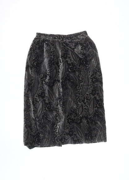 Elegance High Fashion Women's Black Velvet Paisley Midi Skirt M