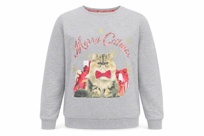 Front view of Papaya unisex grey christmas cat graphic sweatshirt, size 14