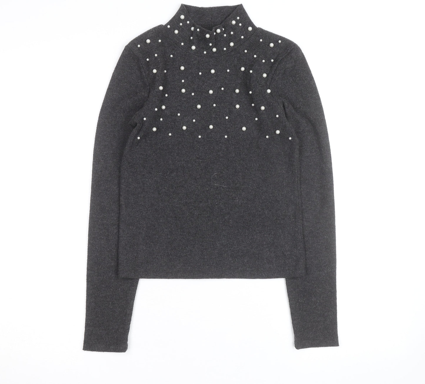 Zara Women Grey Mock Neck Beaded Knit Jumper Size M