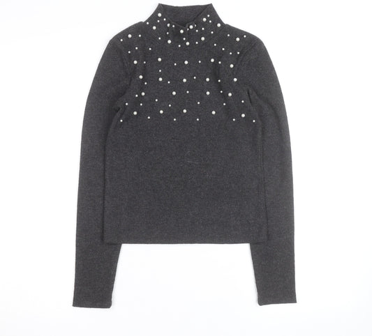 Zara Women Grey Mock Neck Beaded Knit Jumper Size M