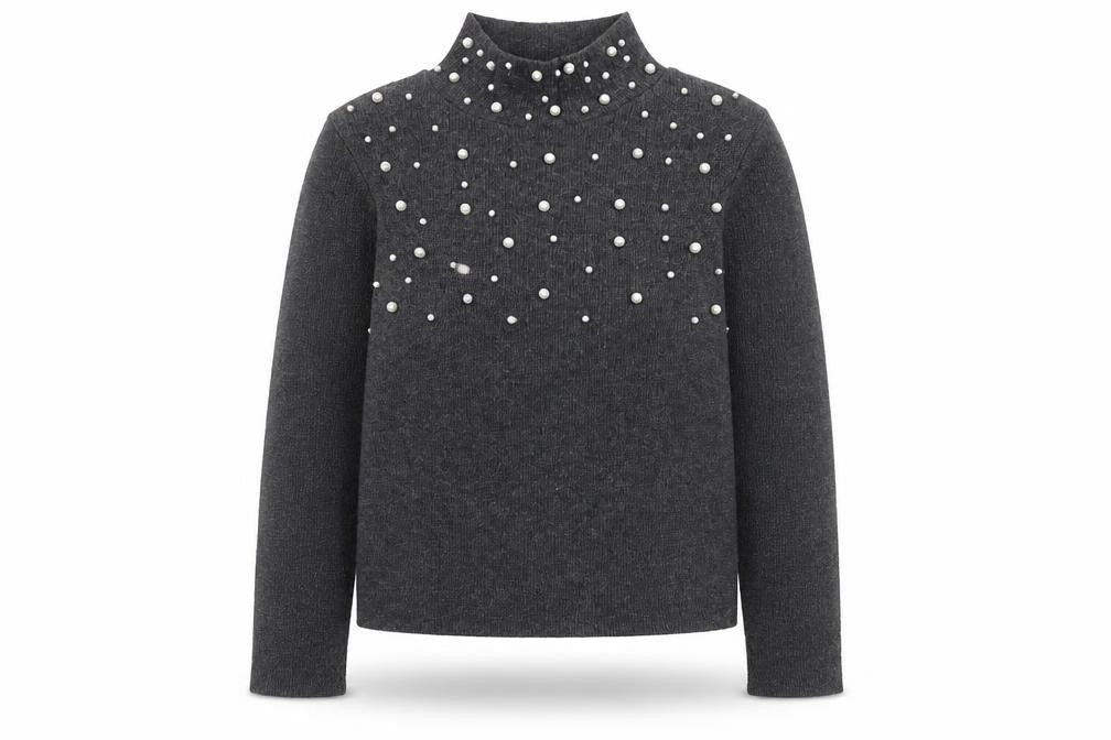 Zara Women Grey Mock Neck Beaded Knit Jumper Size M