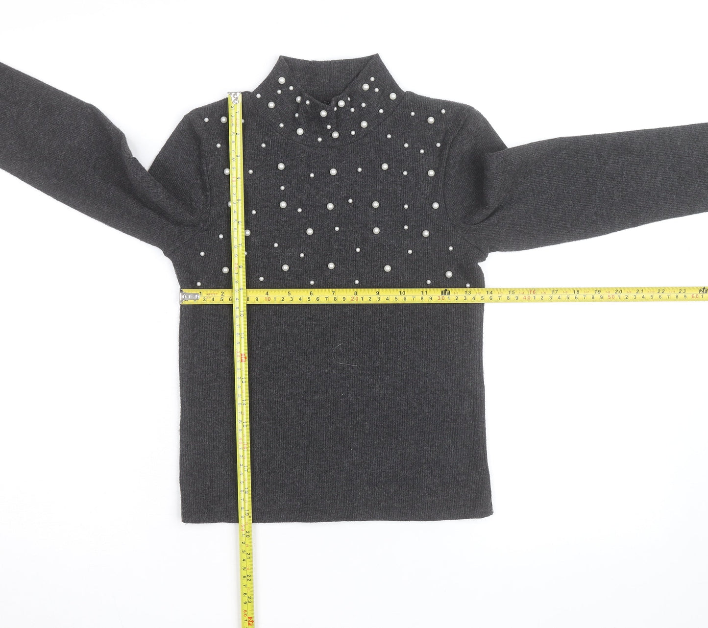Zara Women Grey Mock Neck Beaded Knit Jumper Size M