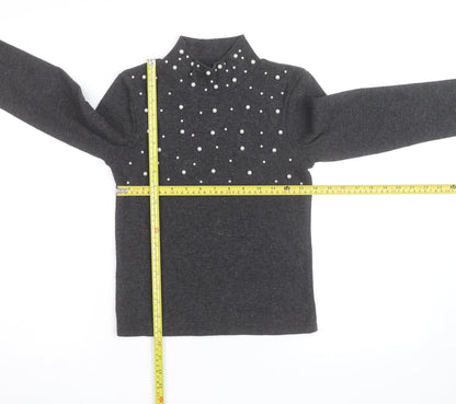 Zara Women Grey Mock Neck Beaded Knit Jumper Size M