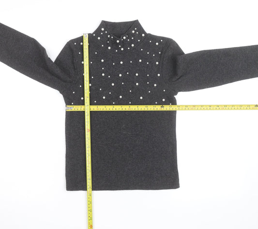 Zara Women Grey Mock Neck Beaded Knit Jumper Size M