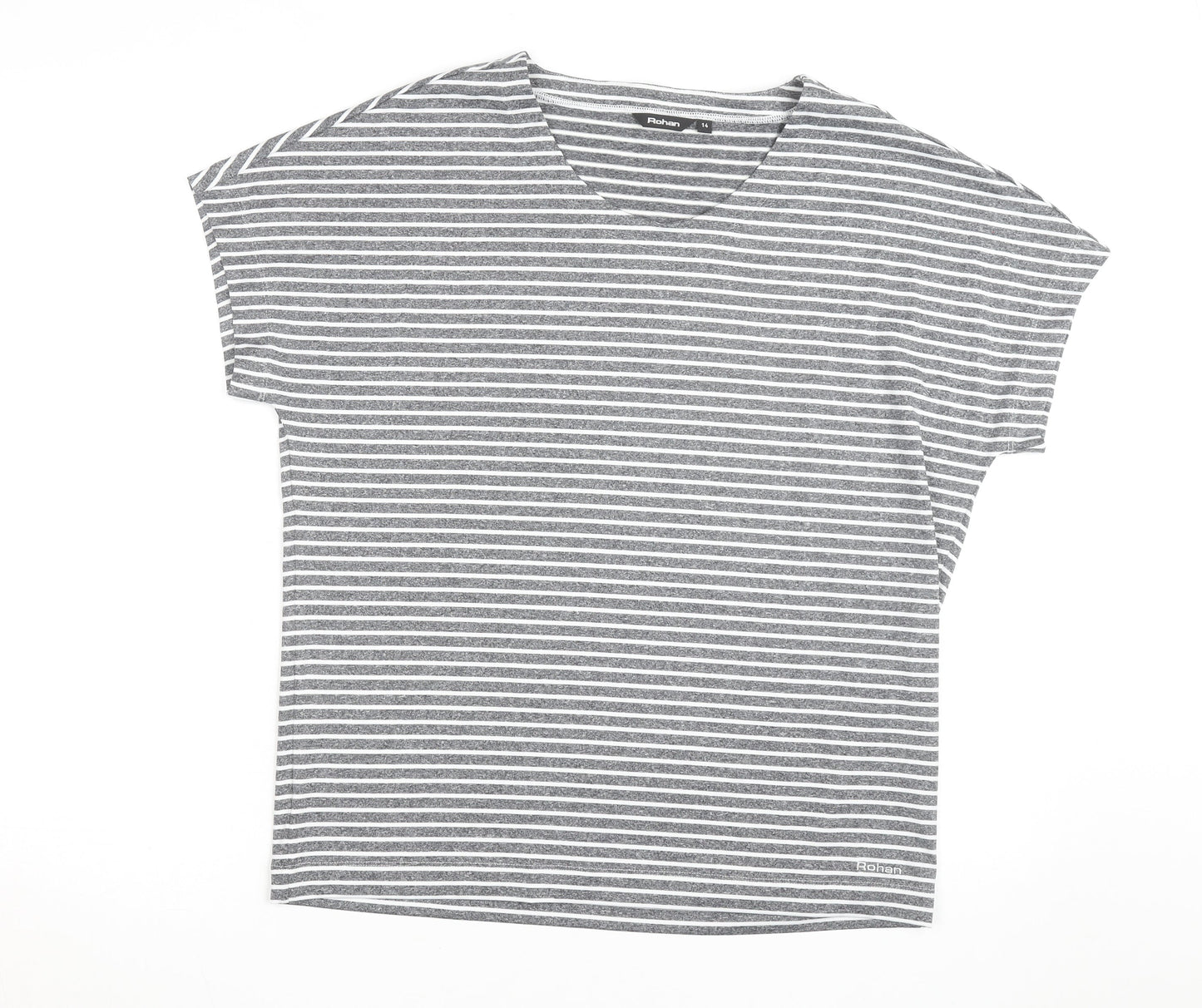 Rohan Women Grey Striped V-Neck Short Sleeve T-Shirt Size 14