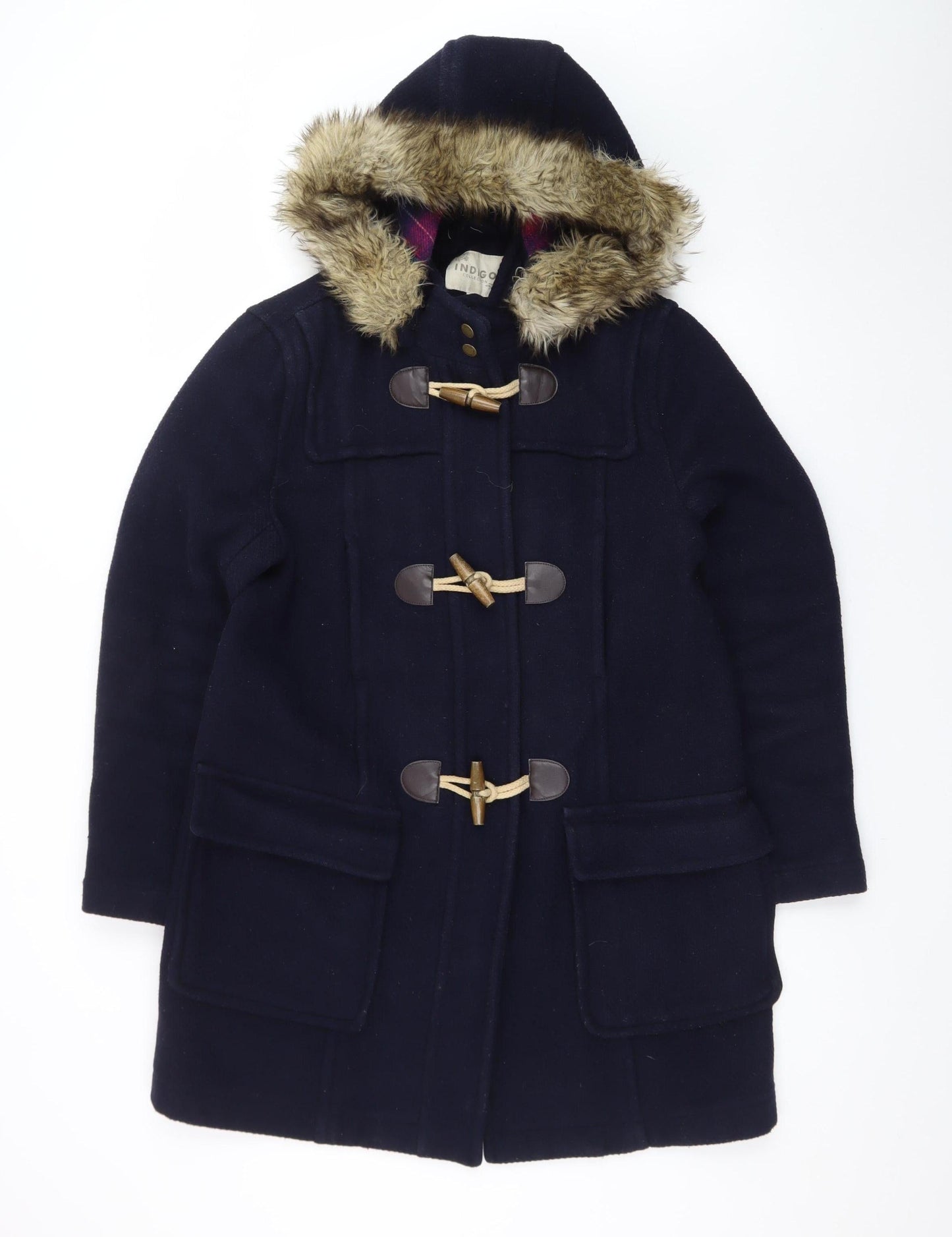 Marks and Spencer Women’s Blue Wool Blend Duffle Coat Size 14 Faux Fur Hood