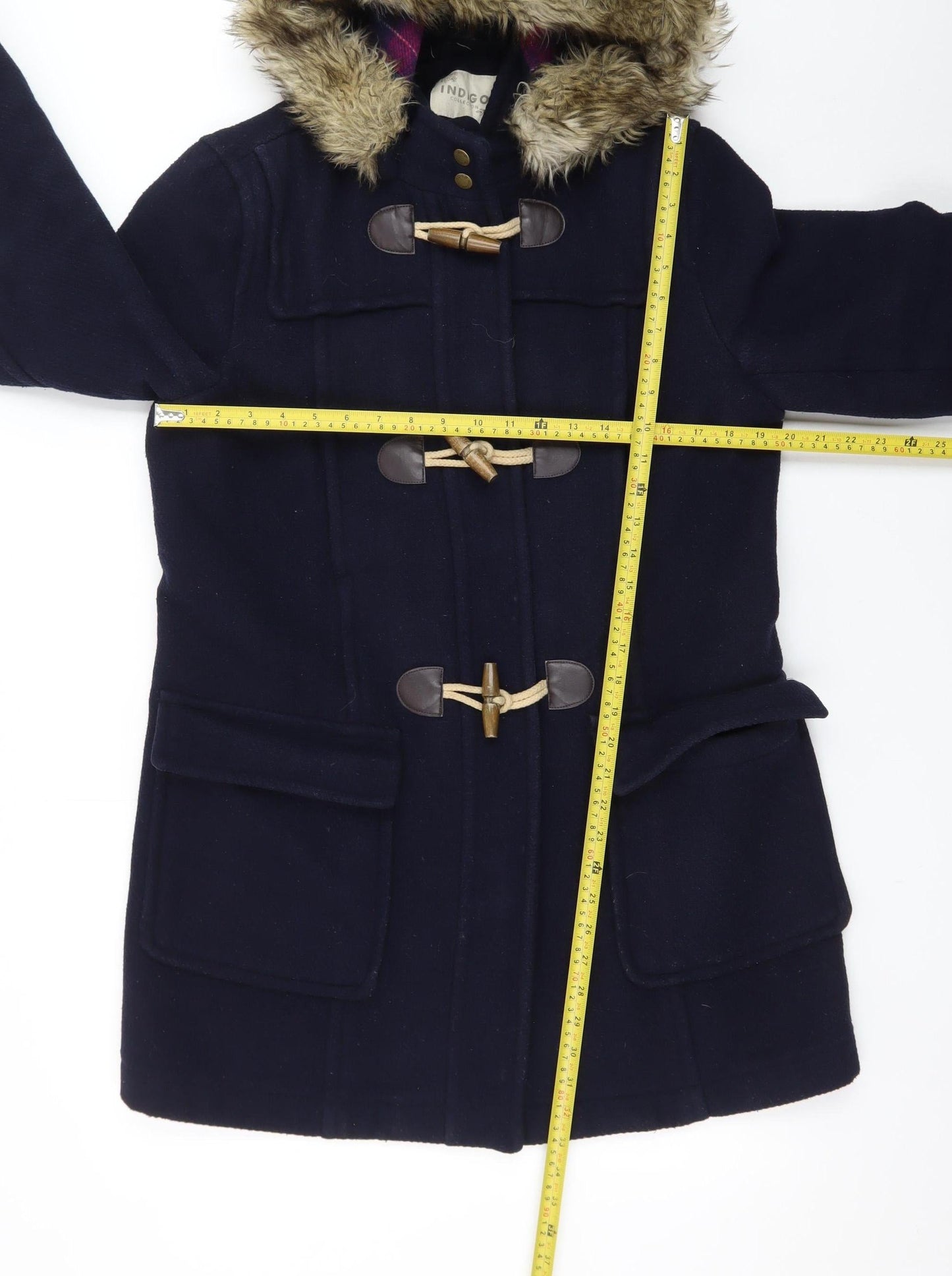 Marks and Spencer Women’s Blue Wool Blend Duffle Coat Size 14 Faux Fur Hood