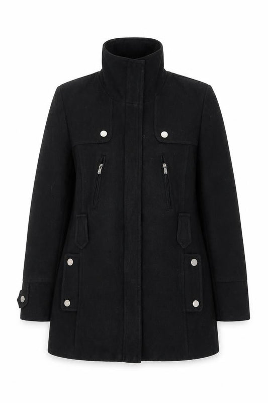 Front view of Canda Women’s Black Wool Blend Mid-Length Overcoat, size UK 12