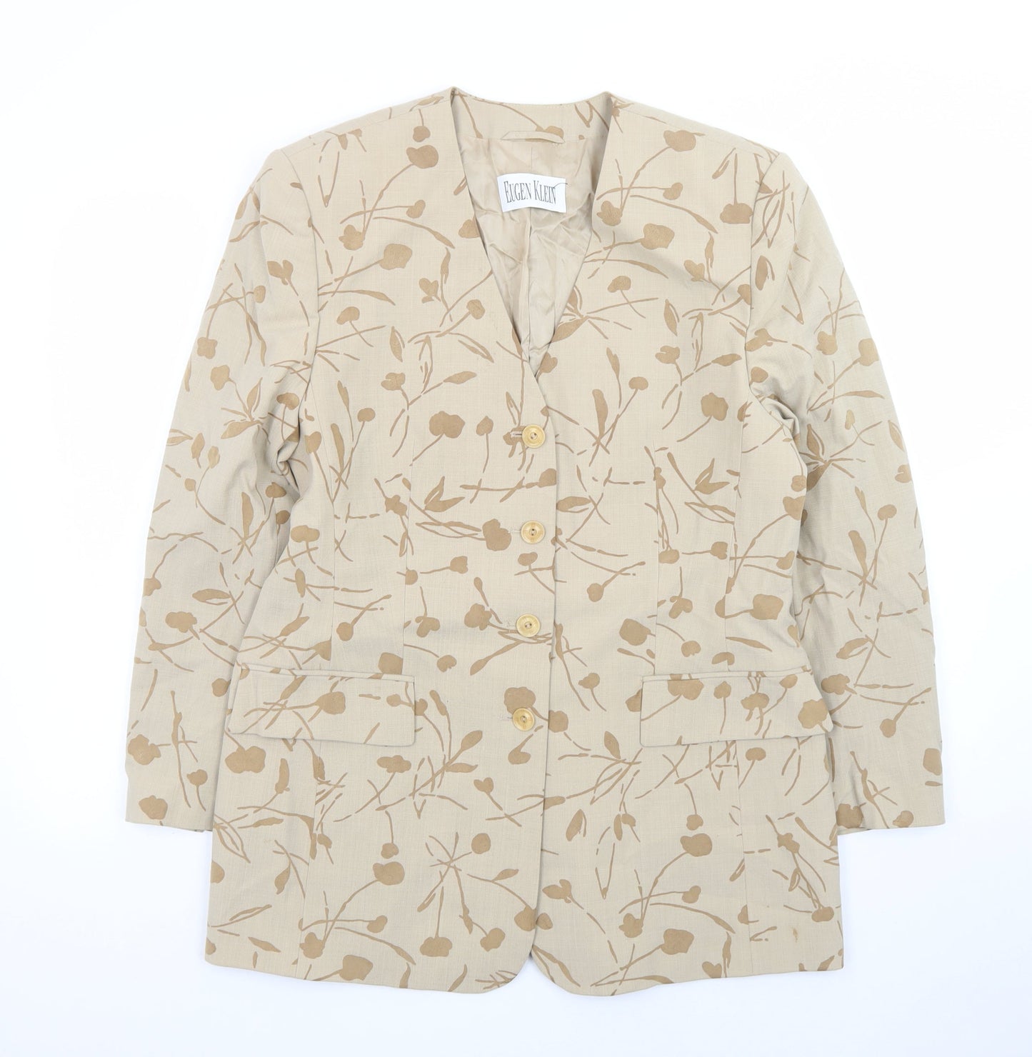 Eugen Klein Womens Beige Floral Blazer Jacket Size 12 Linen Wool Blend
