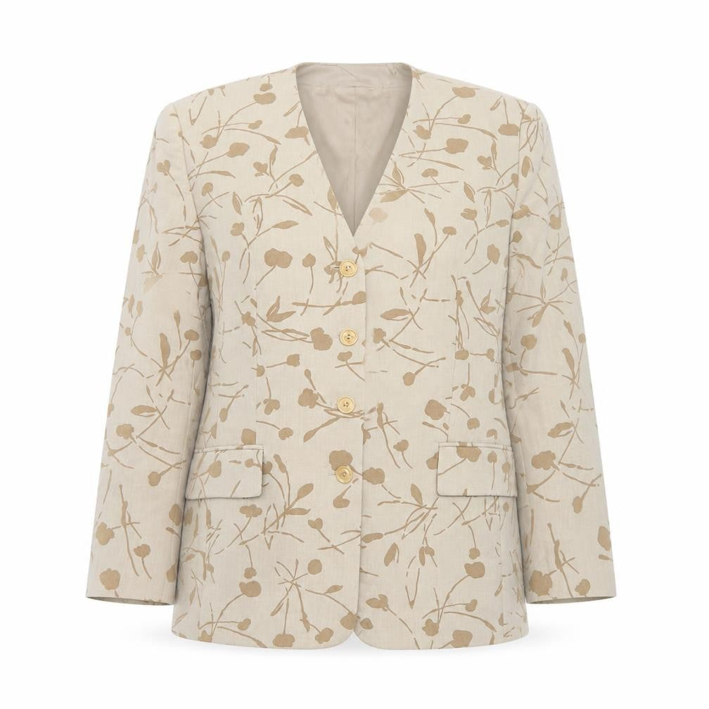 Eugen Klein Womens Beige Floral Blazer Jacket Size 12 Linen Wool Blend