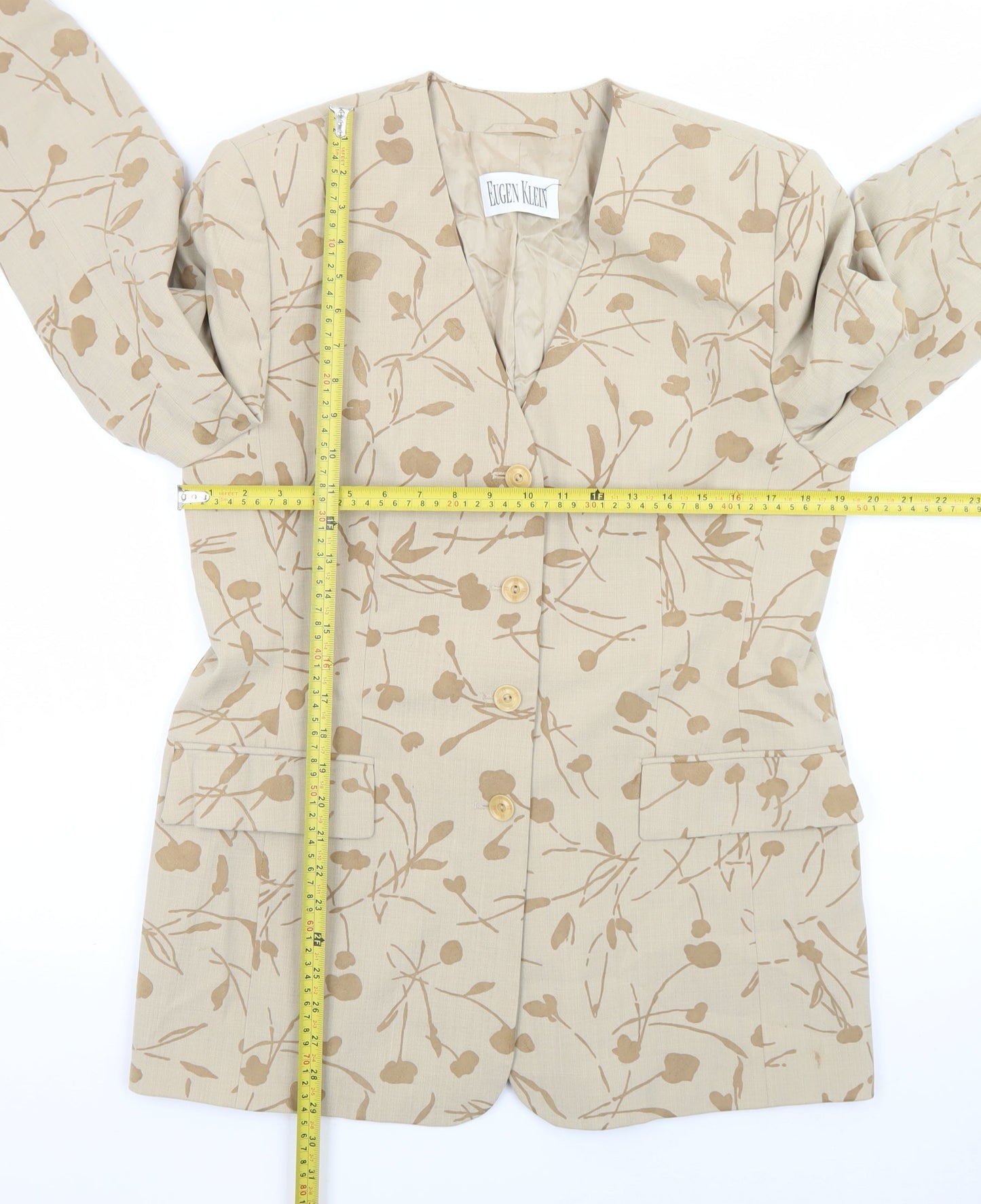 Eugen Klein Womens Beige Floral Blazer Jacket Size 12 Linen Wool Blend