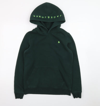 Jack & Jones Boys Green Pullover Hoodie Size 164 Fleece Lined Sweatshirt