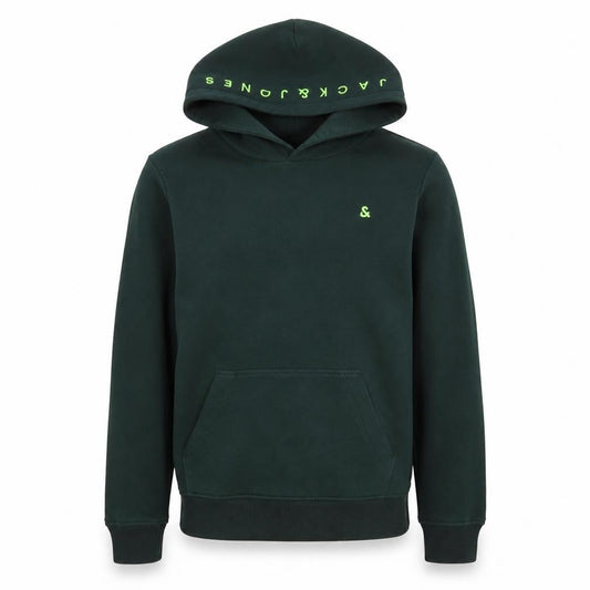 Front view of Jack & Jones boys’ green pullover hoodie, size 164, fleece lined sweatshirt