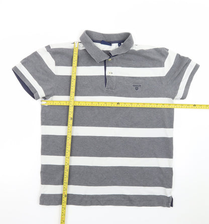 GANT Men's Grey White Striped Polo Shirt XL Classic Cotton