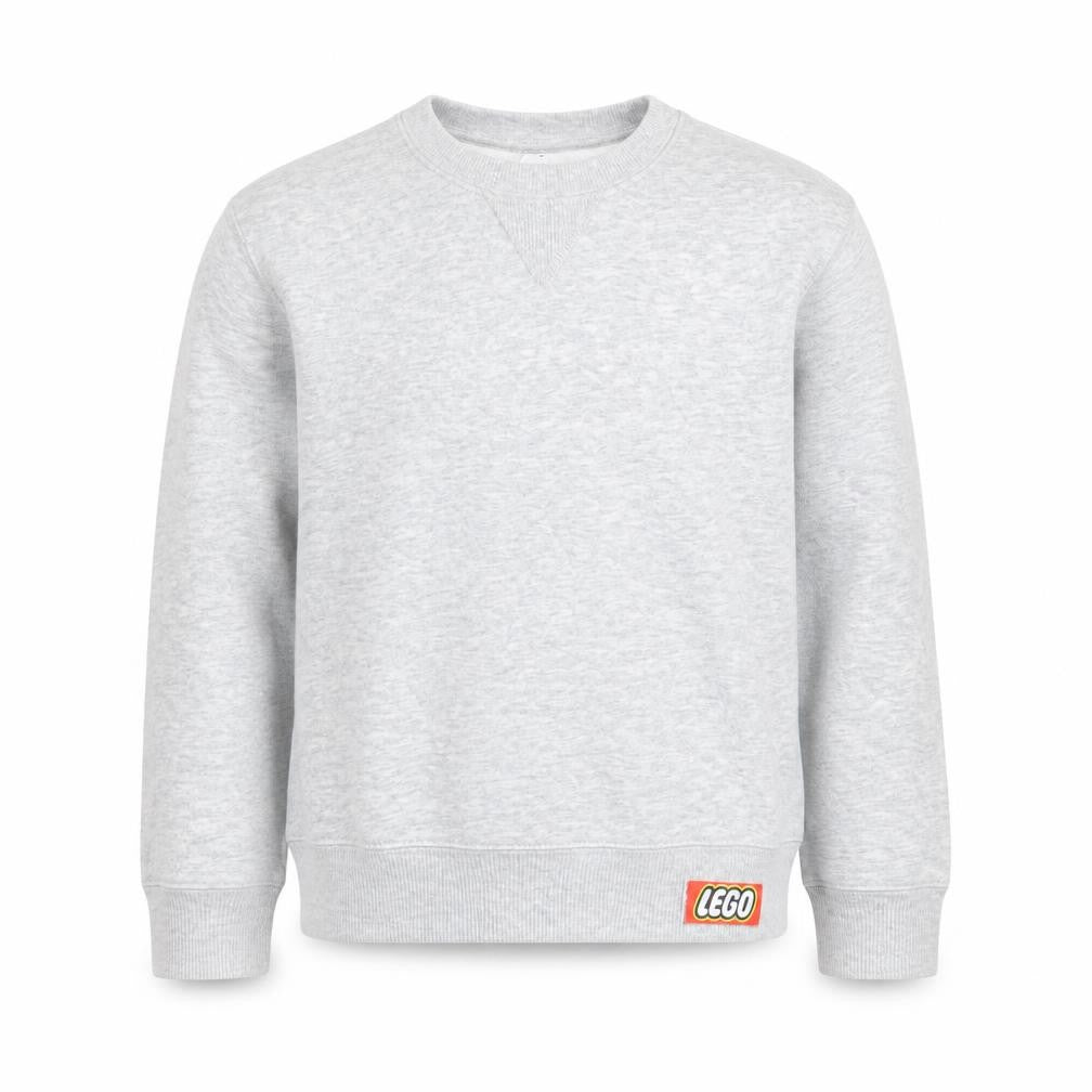 Front view of Uniqlo boys’ grey cotton sweatshirt 5-6 years lego logo crew neck